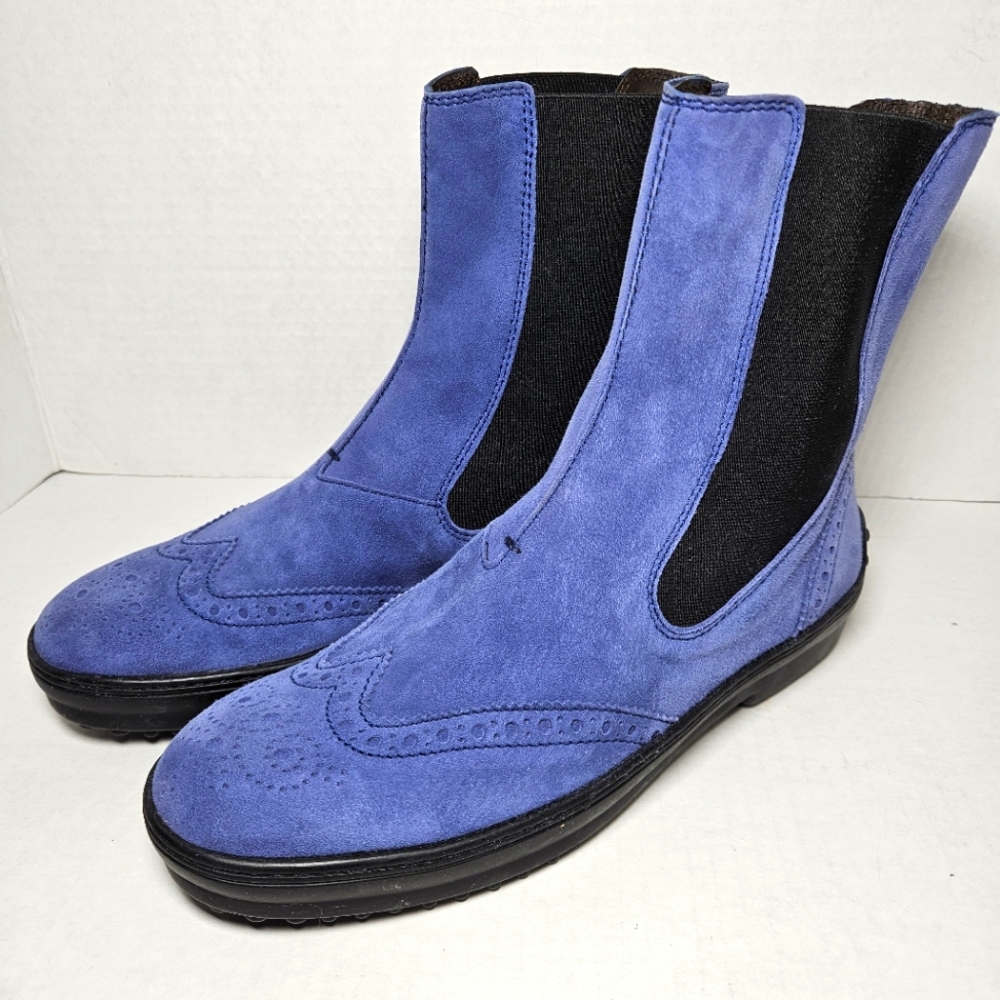 Tod's Chelsea Wingtip Women's Blue Suede Boots Ankle Driving Pull On